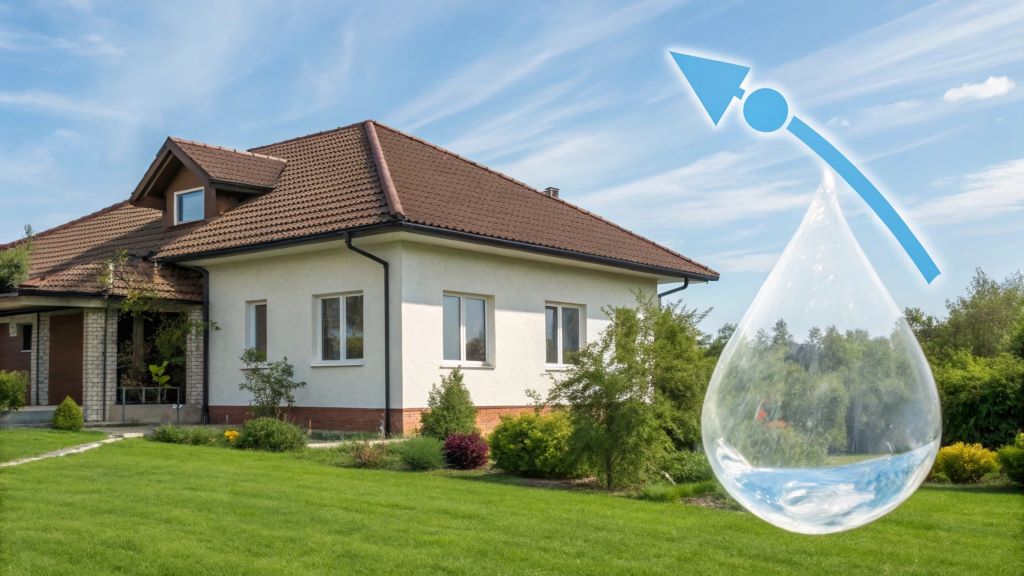 Illustration of a house with a clear water droplet and upward arrow, symbolizing the impact of water quality on property value and investment security