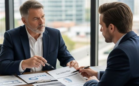 Small business owner reviewing exit strategy documents with financial advisor discussing retirement and succession planning options