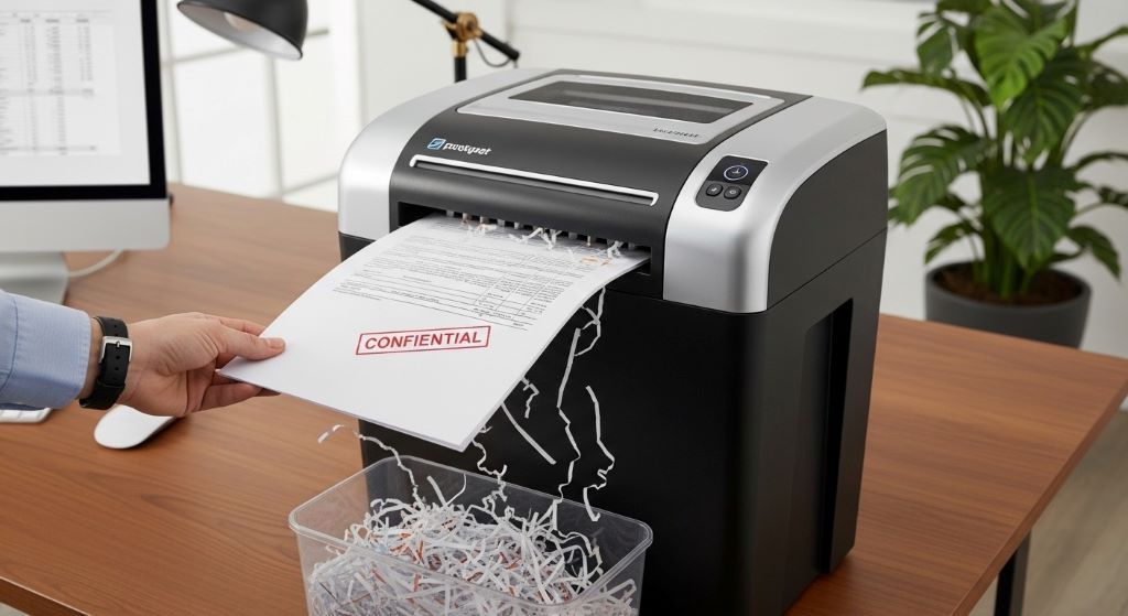 Cross-cut document shredder in office environment shredding sensitive papers to prevent information theft and ensure compliance
