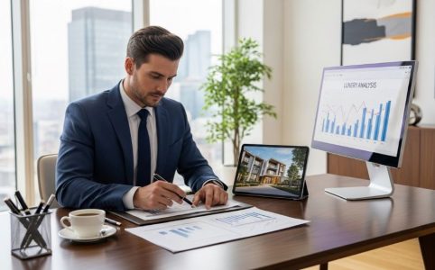 Real estate agent reviewing a luxury property business plan at a modern desk