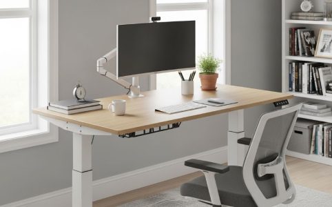 Budget-friendly electric standing desk with height-adjustable frame in home office setting