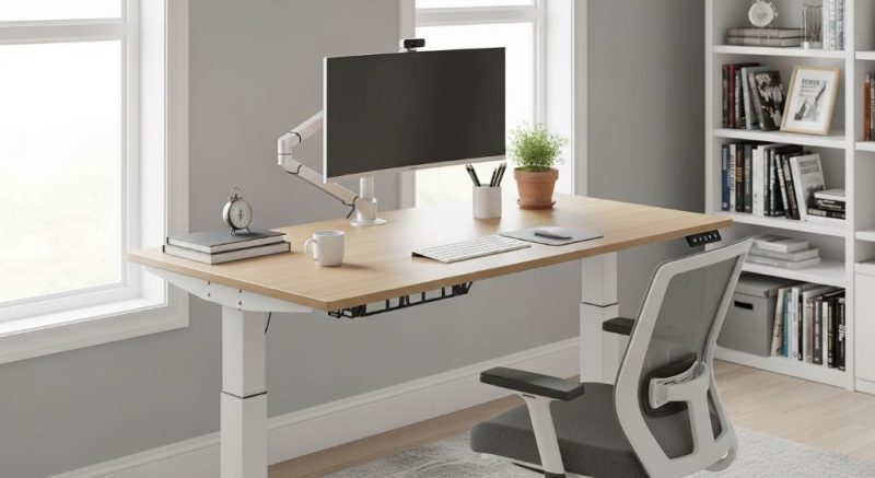 Budget-friendly electric standing desk with height-adjustable frame in home office setting