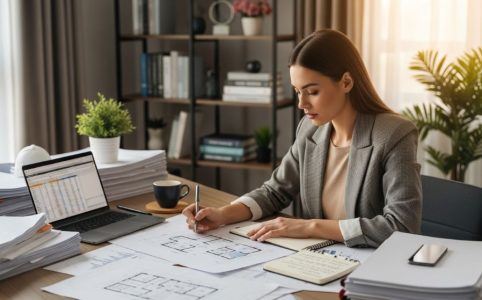 Beginner investor reviewing blueprints and renovation plans for a house flip project