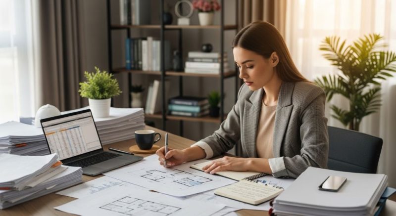 Beginner investor reviewing blueprints and renovation plans for a house flip project