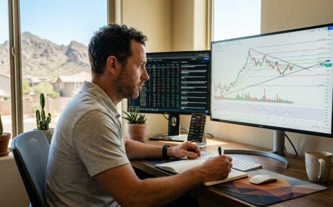 Phoenix Arizona swing trader analyzing TradingView charts with free technical indicators during evening market review