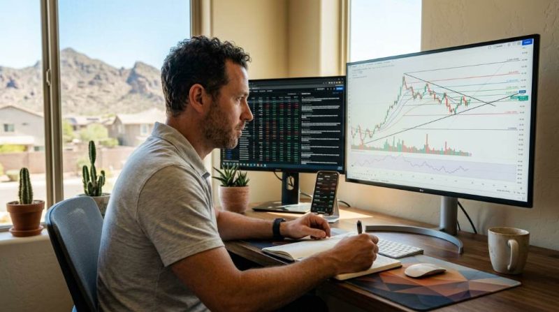 Phoenix Arizona swing trader analyzing TradingView charts with free technical indicators during evening market review