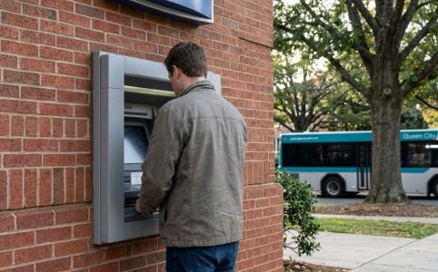 Customer depositing cash into a modern ATM in Charlotte