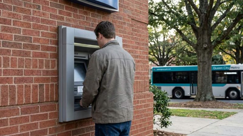 Customer depositing cash into a modern ATM in Charlotte