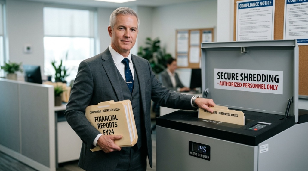 A business professional holding confidential documents next to an office paper shredder.