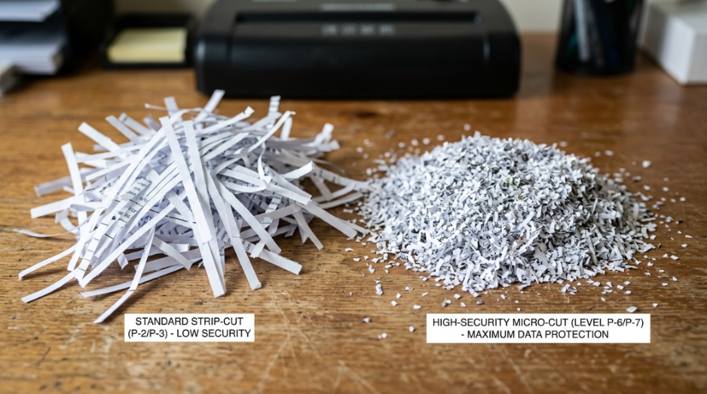 A close-up view comparing standard strip-cut paper shreds with secure micro-cut confetti particles