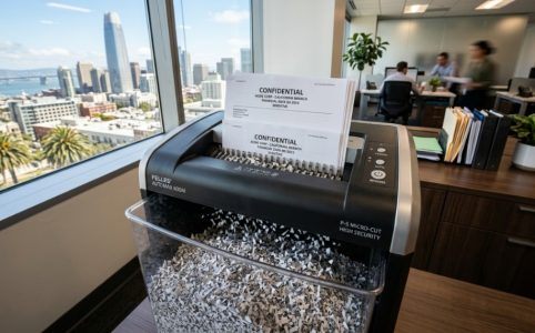 A modern high-security paper shredder cutting sensitive documents into micro-cut particles in a professional office.