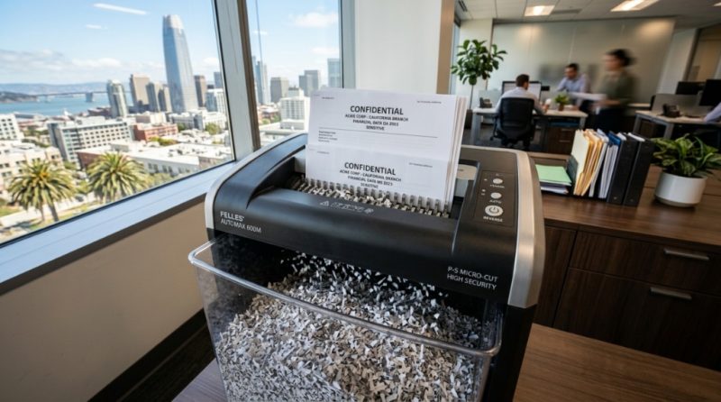 A modern high-security paper shredder cutting sensitive documents into micro-cut particles in a professional office.