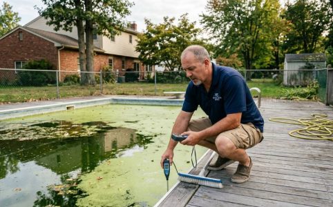 Professional inspecting a green cloudy swimming pool in a New York backyard.