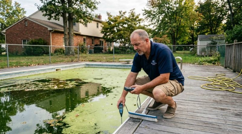 Professional inspecting a green cloudy swimming pool in a New York backyard.