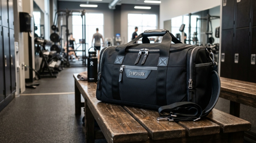 An open quality gym bag showing organized storage compartments and shoe pocket.