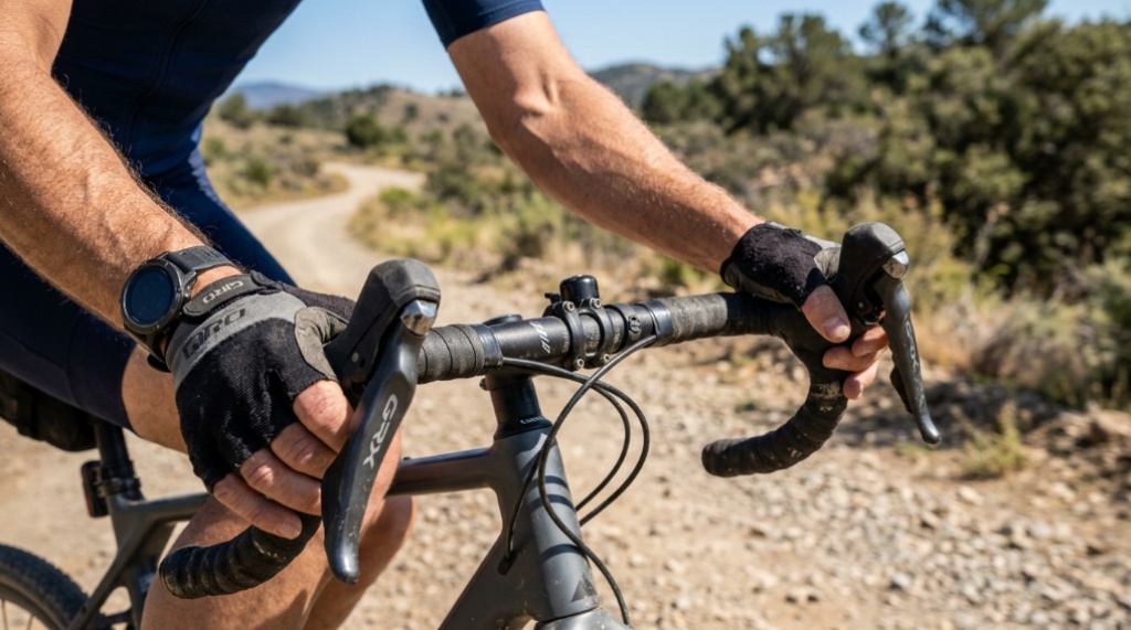 Close-up of cyclist maintaining straight wrist alignment on handlebars.