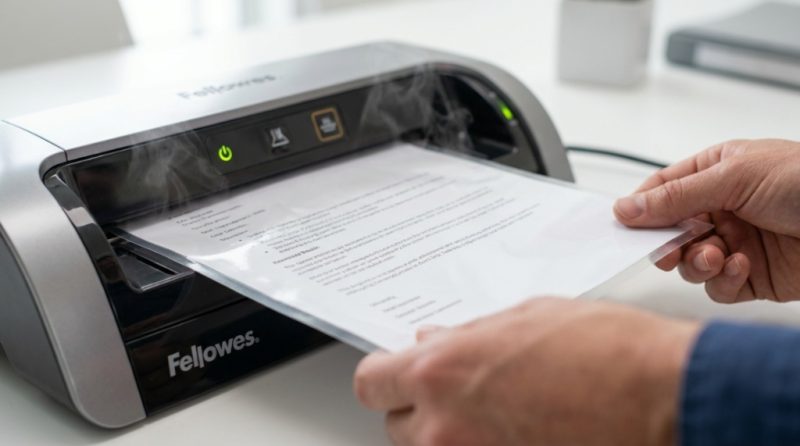 Person inserting document inside thermal laminating pouch into machine.