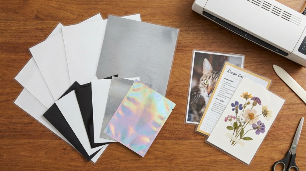 Various sizes of thermal laminating pouches on a wooden desk.