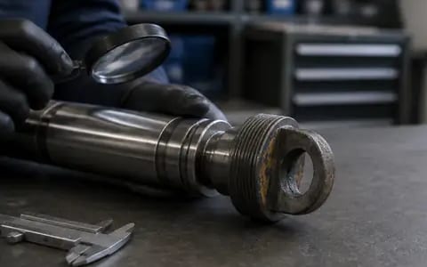 Gloved hands examining a steel cylinder with a threaded end using a magnifying glass during chrome inspection